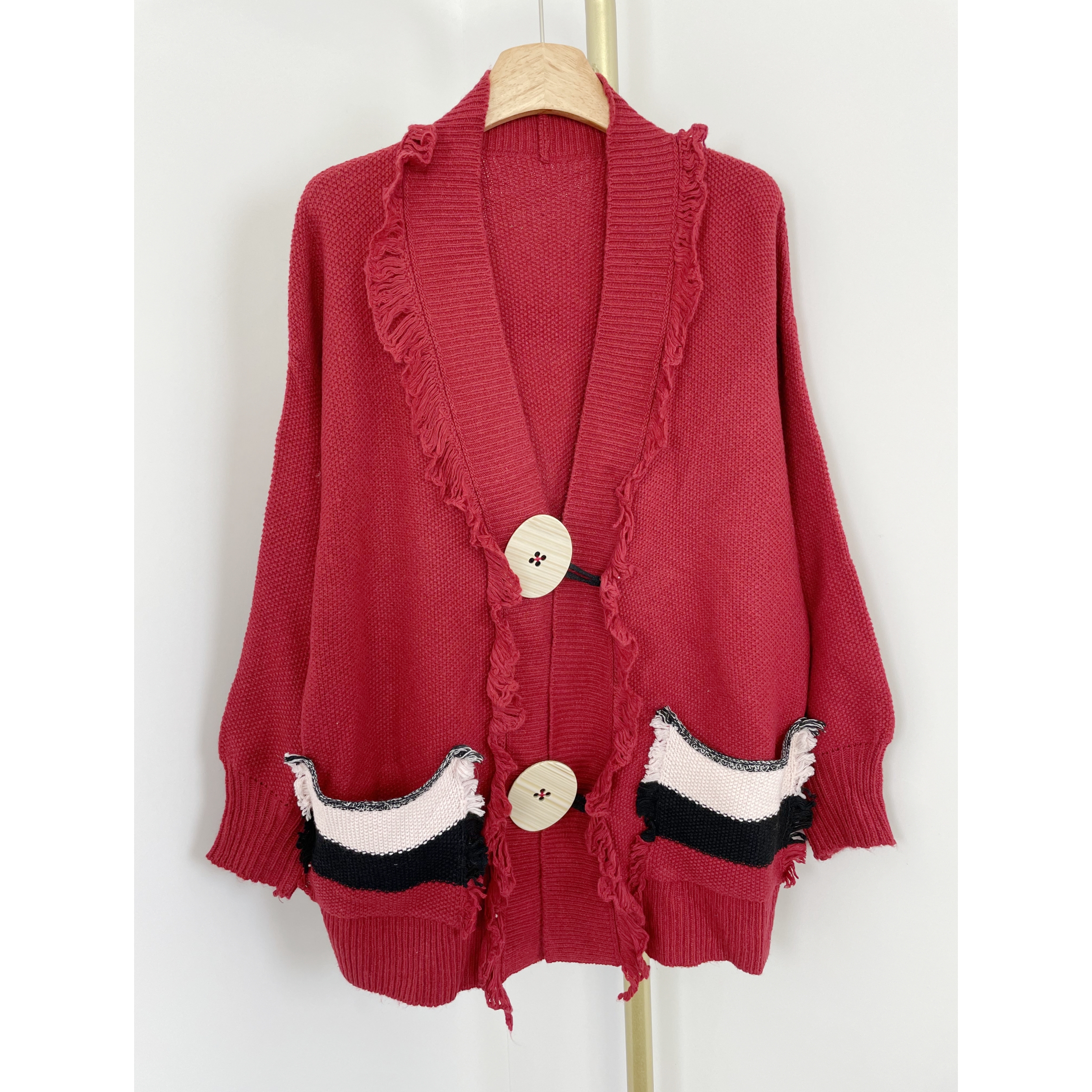 J3076秋季新款女装宽松慵懒风毛衣外套洋气流苏木纹扣针织开衫