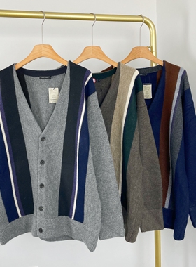 K2120日单新款女装潮流拼色针织外套休闲V领落肩袖宽松毛衣开衫