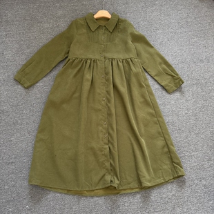 M7041日系通勤风军绿色长款连衣裙翻领灯芯绒宽松显瘦森系连衣裙