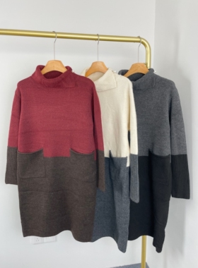 K2127日单新款女装时尚珍珠扣翻领拼色毛衣裙前口袋中长款打底裙