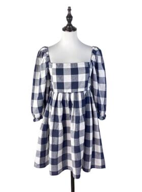 B1022夏季新款方领格子连衣裙韩版高腰青春甜美隐形后拉链女裙