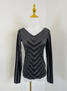 C5010外贸新款女装四面弹条纹金丝绒上衣修身显瘦V领长袖打底衫