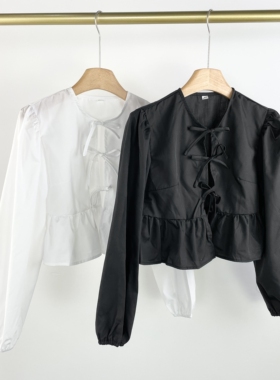 B3213夏季新款女装甜美减龄系带蝴蝶结上衣时尚泡泡袖法式小衫