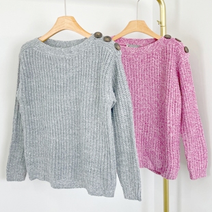E2264外贸新款 肩膀纽扣别致宽松毛衣粗针线宽松套头毛线衣 女装