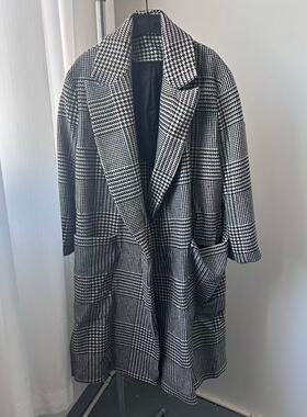 C5013外单新品千鸟格毛呢外套女冬季2026中长款松弛感穿搭大衣