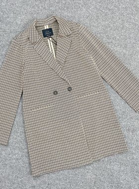 K3061外贸新款女装千鸟格时尚双排扣外套职业通勤韩版中长款大衣