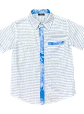 H4011夏季新款童装撞色门襟时尚条纹衬衫亮丝翻边短袖单排扣衬衣