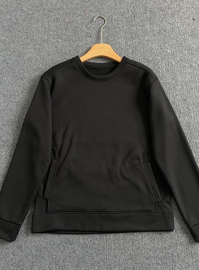 E3230黑色圆领加绒卫衣女简约纯色侧口袋宽松短款休闲套头上衣