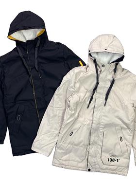 H1003冬季新款男装数字印花抽绳连帽加绒外套中长款休闲百搭棉服