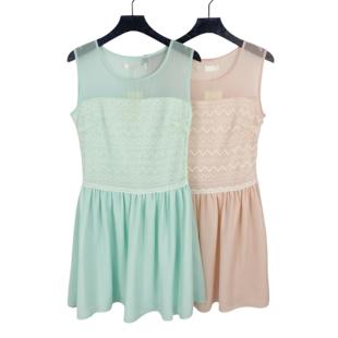 淑女裙雪纺裙 拼接圆领女裙侧拉链高腰连衣裙无袖 C2085夏新款 时尚