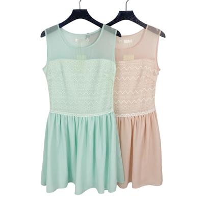 C2085夏新款时尚拼接圆领女裙侧拉链高腰连衣裙无袖淑女裙雪纺裙