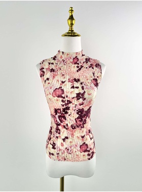 C2180夏季新款女装时髦印花压皱无袖上衣修身显瘦弹力套头背心