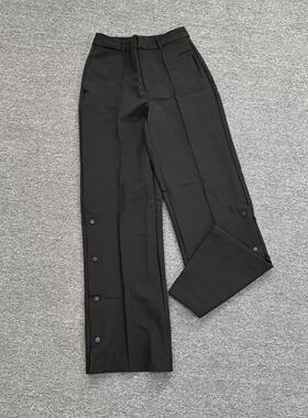K3151新款黑色高腰排扣开叉西装裤垂感直筒显瘦阔腿休闲长裤