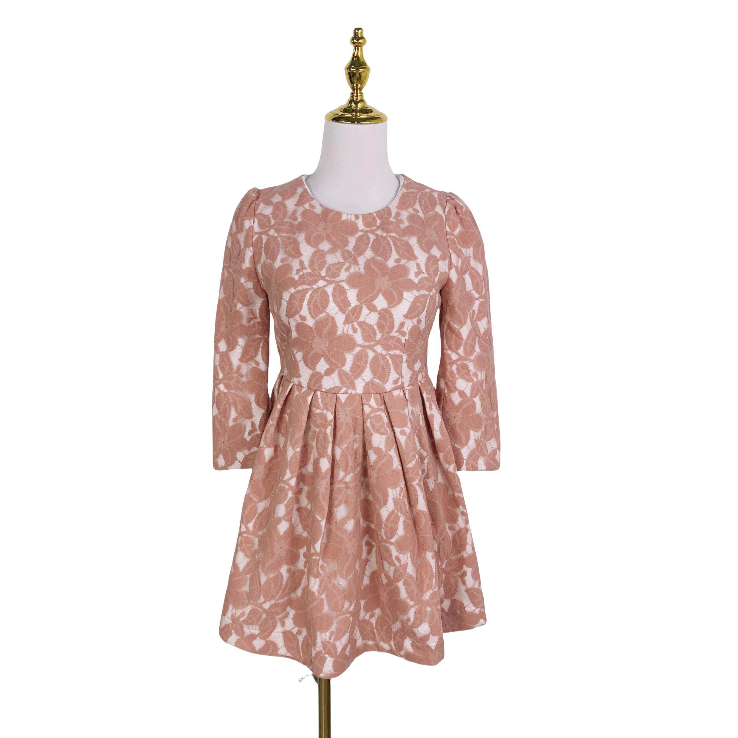 C6129蕾丝花朵高腰女裙2024新款甜美中袖小个子后拉链连衣裙