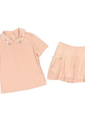 A2087外贸新款珍珠亮片短袖上衣+侧拉链短裙女装两件套减龄套装