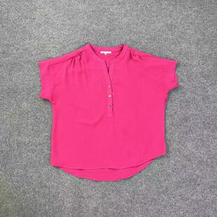 设计感短袖 K6083新款 V领半开扣蝙蝠袖 女宽松显瘦 火龙果色短袖