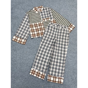 经典 女套装 格子拼接长袖 休闲直筒裤 洋气两件套 上衣 E6010外贸新款