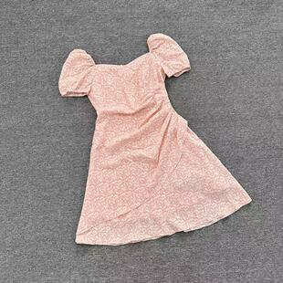E2277新款温柔粉碎花方领连衣裙夏季泡泡袖收腰显瘦褶皱仙女裙