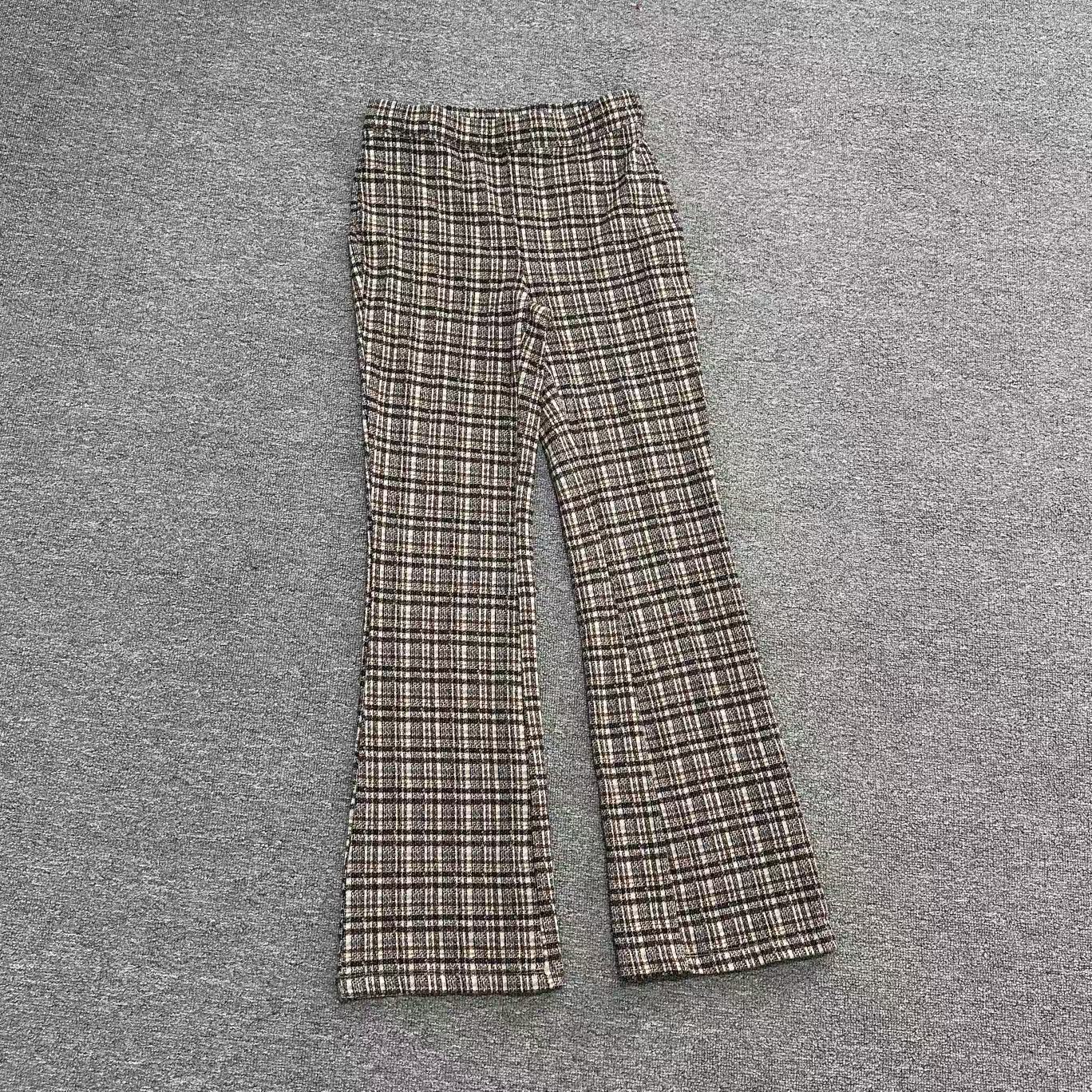 M6017新款咖色格纹微喇休闲裤女中高腰弹力修身显瘦复古喇叭长裤