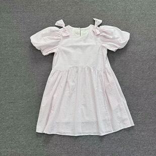 K3143新款韩系甜美粉白条纹蝴蝶结泡泡袖连衣裙女宽松减龄娃娃裙