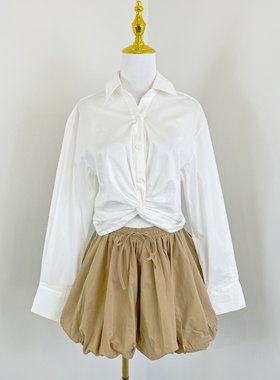 K2134春季新款女装短款设计感衬衫+减龄花苞裤套装时尚小众两件套