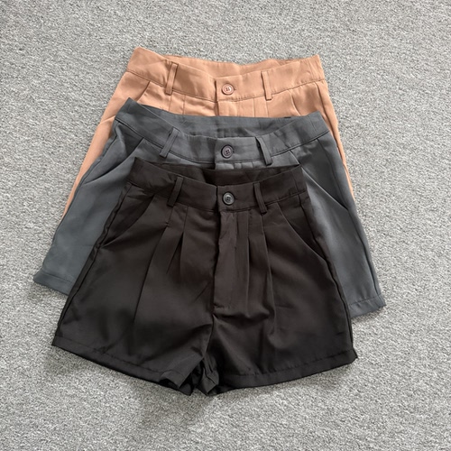 C3230高腰西装短裤女打褶A字版阔腿休闲短裤三色通勤显瘦短西裤