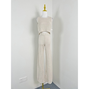 时髦套装 K6005秋季 高腰直筒裤 圆领镂空针织背心 休闲女两件套 新款