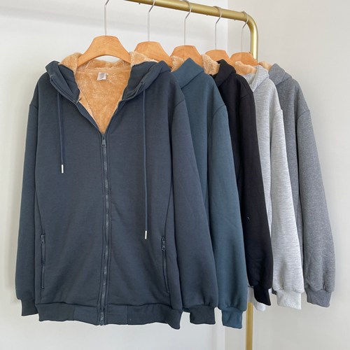 E2257秋冬新款加绒加厚连帽纯色卫衣拉链口袋男女休闲运动外套