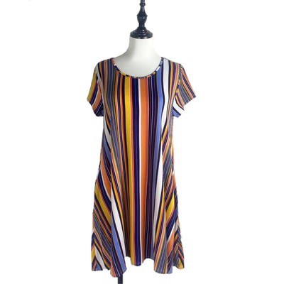 H0019外贸夏季新款女大码竖条纹短袖连衣裙宽松侧边袋套头中长裙