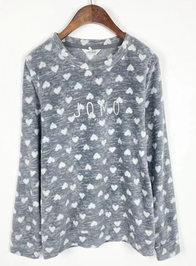 A0022-1新款女装圆领套头珊瑚绒亲肤上衣亮粉字母爱心长袖家居服