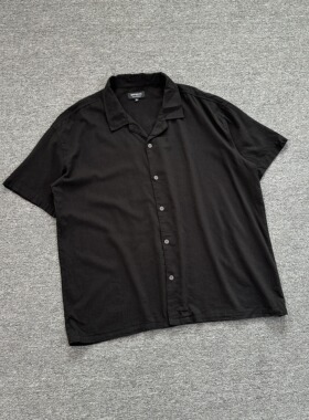 E7168瑕疵款--夏季薄款黑色古巴领衬衫男宽松慵懒风短袖衬衣