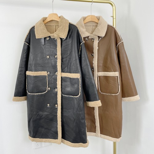 E7078冬季新款韩版女装皮毛一体大衣时髦双排扣保暖长款PU皮外套