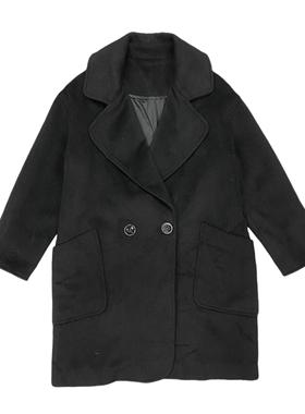 C3152外贸新款女装双排扣羊毛呢大衣纯色简约宽松气质中长款外套