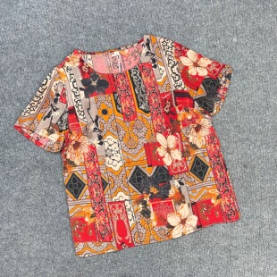 小衫 桑蚕丝妈妈装 宽松透气夏季 H2020复古印花圆领女上衣2026新款