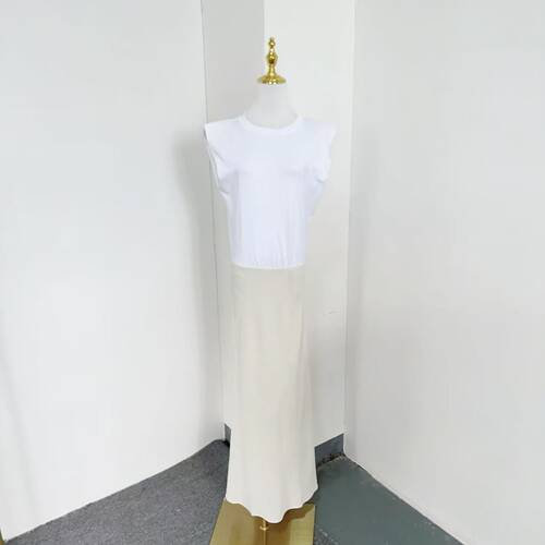 B6128夏季新款白色垫肩基础款T恤垂感高腰温柔长裙显瘦连衣裙