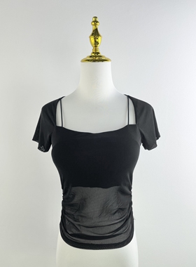 J2002夏季新款女装甜辣自带胸垫网纱上衣纯欲小众方领性感短袖T恤