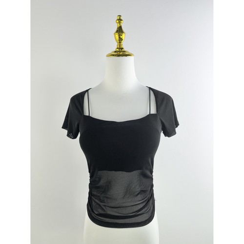 J2002夏季新款女装甜辣自带胸垫网纱上衣纯欲小众方领性感短袖T恤