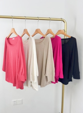 J3010日单新款女装净色圆领针织衫宽松蝙蝠袖百搭休闲套头上衣