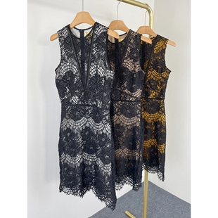 新款 女裙2025夏季 轻熟时髦连衣裙 骨线蕾丝镂空无袖 J2058瑕疵款