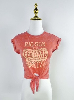 H2304外贸新款美式下摆系带短款上衣字母印花做旧全棉T恤可亲子