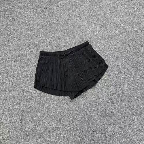 B3231夏季新款黑色褶皱肌理感松紧腰抽绳日常防走光短裤