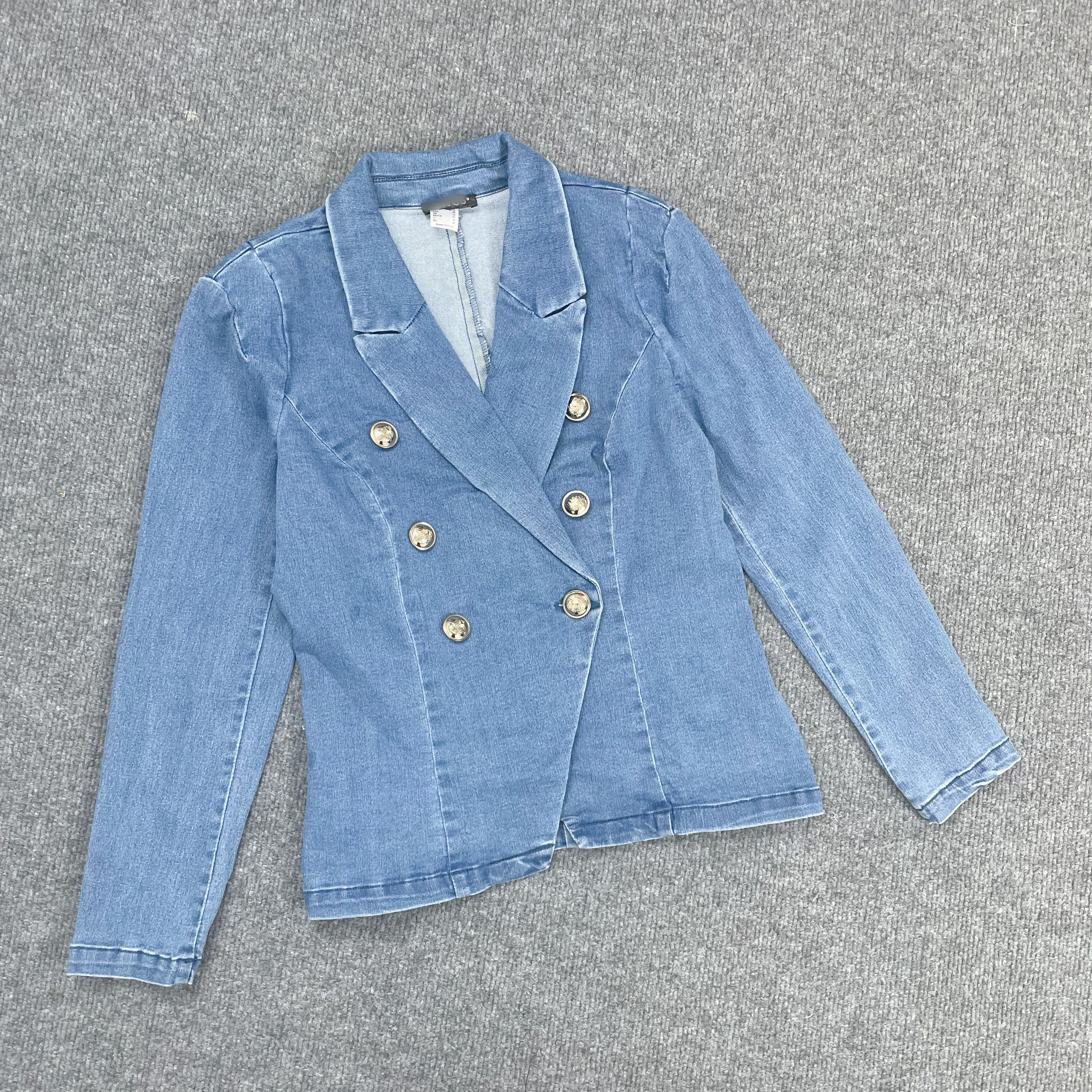 E6060双排扣休闲女牛仔外套2025欧美单秋季修身西装夹克上衣