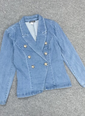 E6060双排扣休闲女牛仔外套2025欧美单秋季修身西装夹克上衣