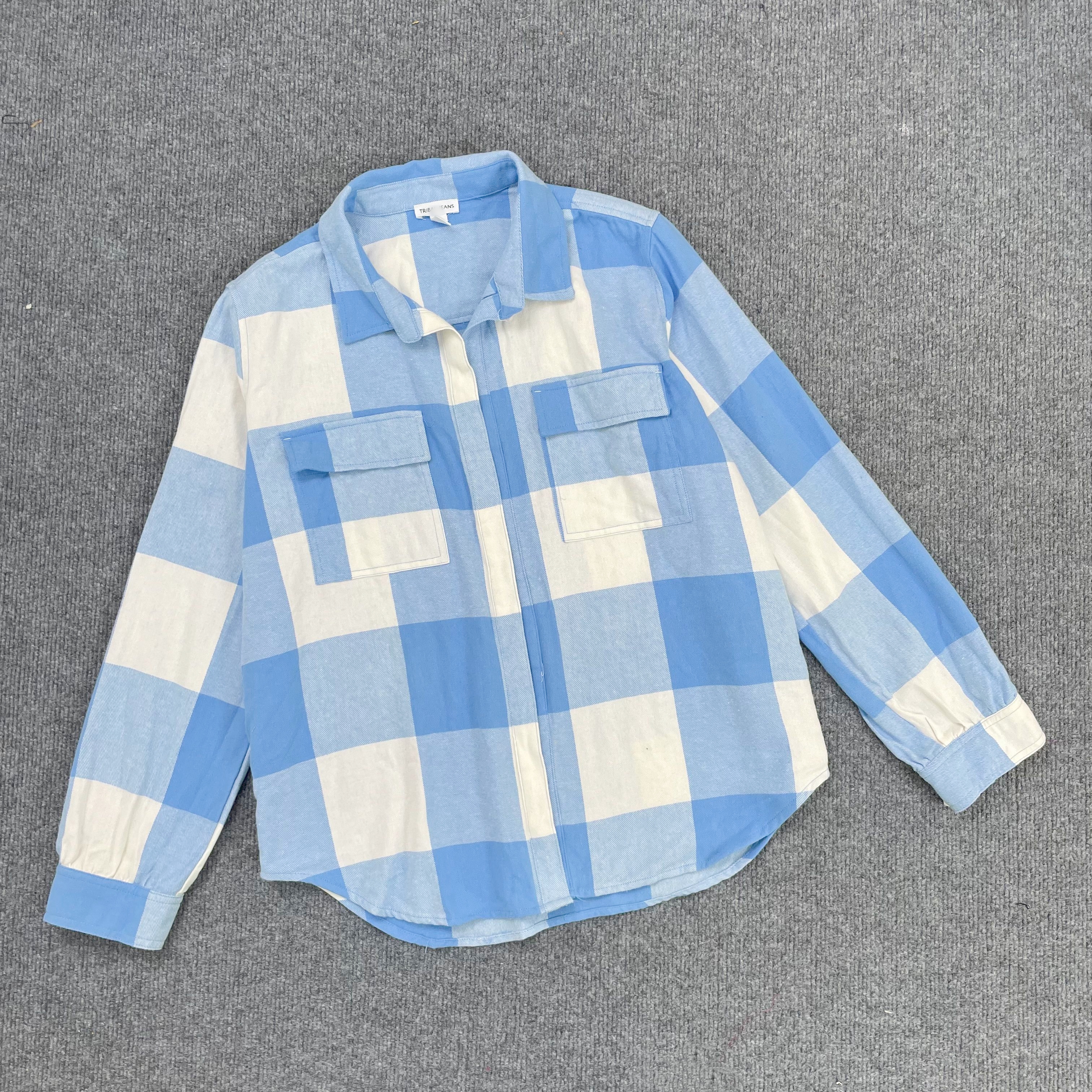 B7207外贸新款女装格子休闲衬衣外套全棉双口袋翻领宽松衬衫