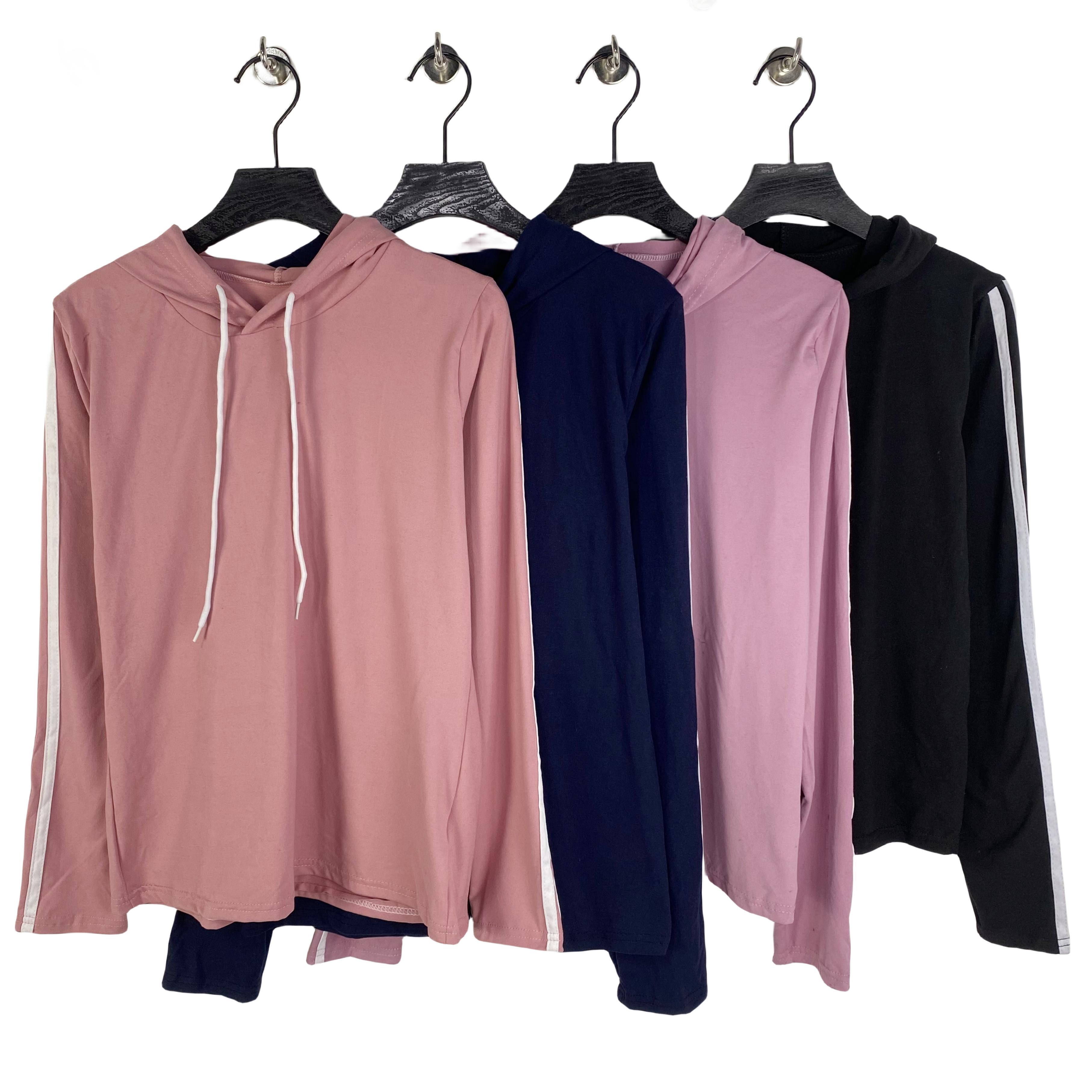 H3040外贸新款抽绳连帽侧边条女装上衣学生休闲帽衫长袖卫衣