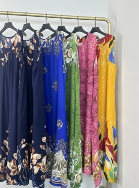 K7026新款夏季复古无袖印花长裙大码宽松舒适透气波西米亚连衣裙