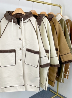 K4005时髦麂皮绒女士长款外套2025秋冬新款皮毛一体保暖连帽大衣