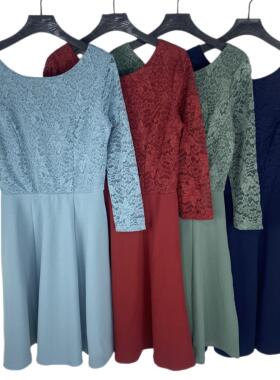 H3054韩版高腰蕾丝拼接套头连衣裙气质时尚女九分袖后拉链中长裙