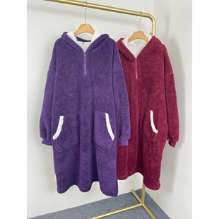 懒人睡袍 宽松长款 E5011秋冬新款 加厚珊瑚绒女连帽家居服一体式