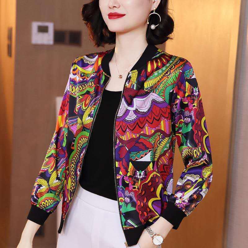 雪纺衫长袖防晒衣女大码妈妈装2026夏季薄款棒球服印花开衫短外套